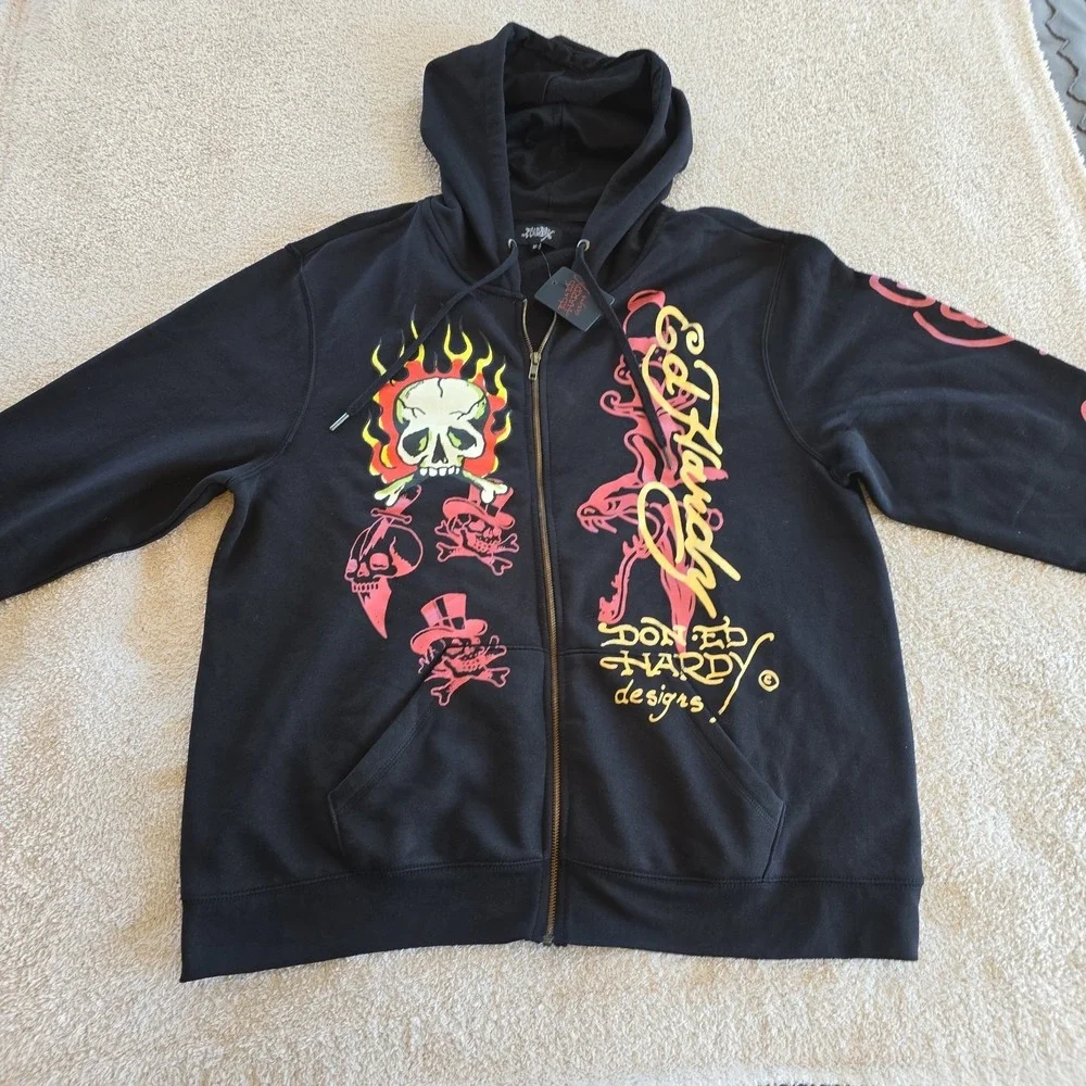 Ed Hardy "Skulls" Graphic Print  Size XL Full Zip Fleece Hoodie Black NWT - Picture 9 of 13